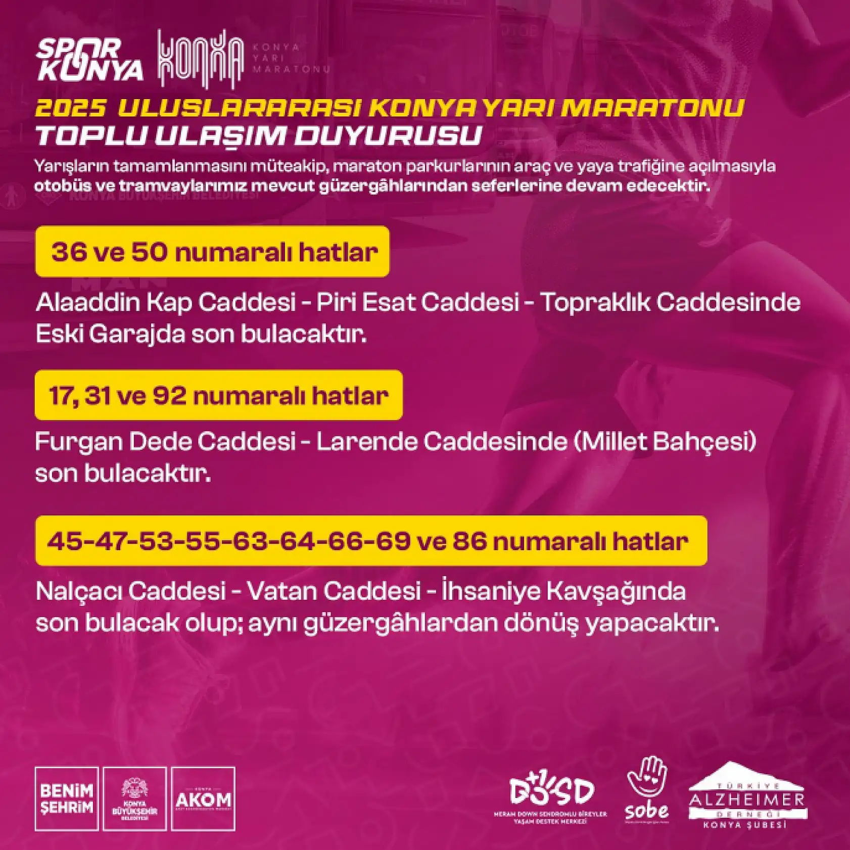 Konya Maratonu Günü Toplu Taşıma Nasıl Olacak? Otobüs Hatlarına Geçici Değişiklik