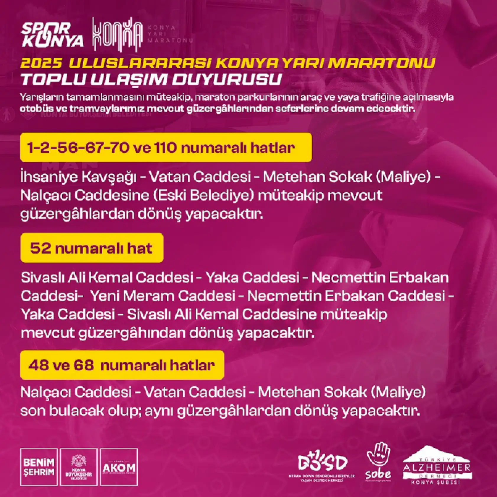 Konya Maratonu Günü Toplu Taşıma Nasıl Olacak? Otobüs Hatlarına Geçici Değişiklik