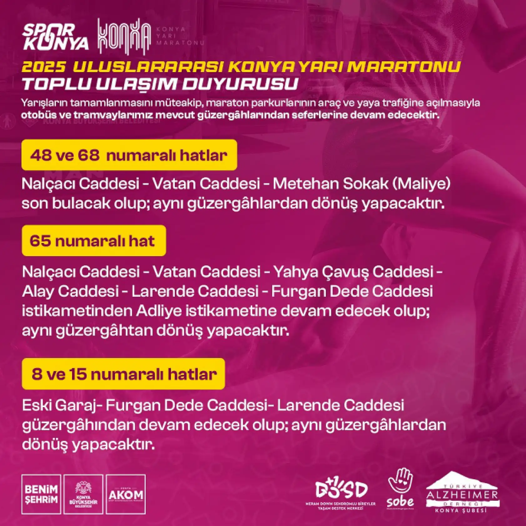 Konya Maratonu Günü Toplu Taşıma Nasıl Olacak? Otobüs Hatlarına Geçici Değişiklik