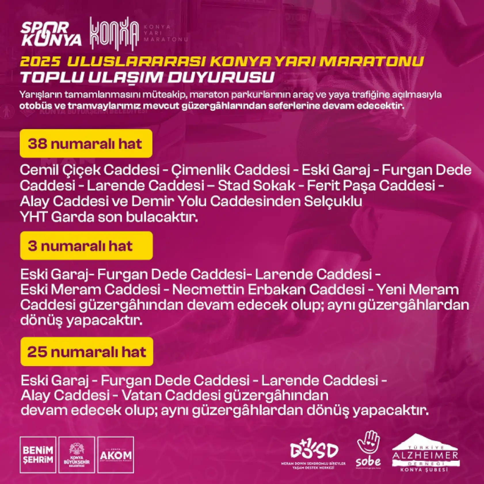 Konya Maratonu Günü Toplu Taşıma Nasıl Olacak? Otobüs Hatlarına Geçici Değişiklik