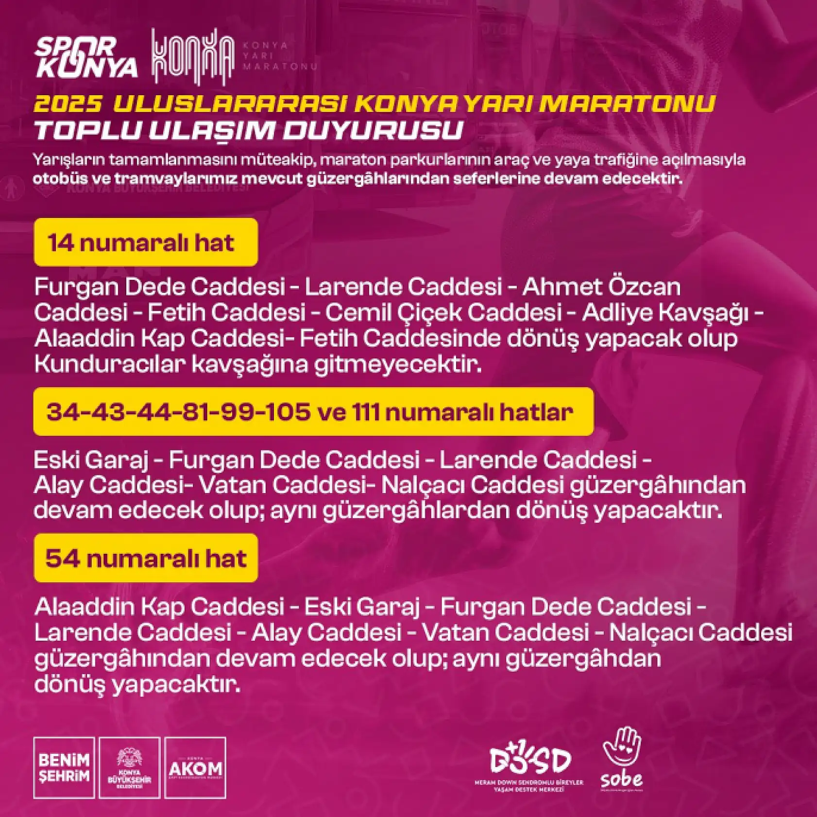 Konya Maratonu Günü Toplu Taşıma Nasıl Olacak? Otobüs Hatlarına Geçici Değişiklik