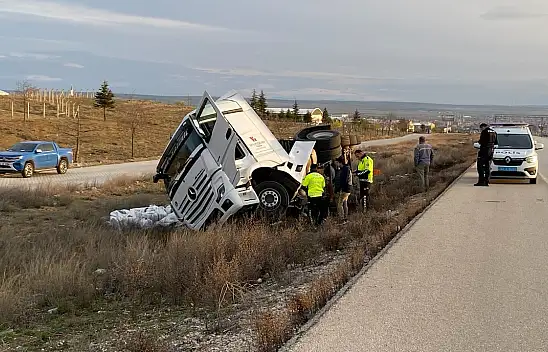 Konya'da gübre yüklü tır şarampole devrildi